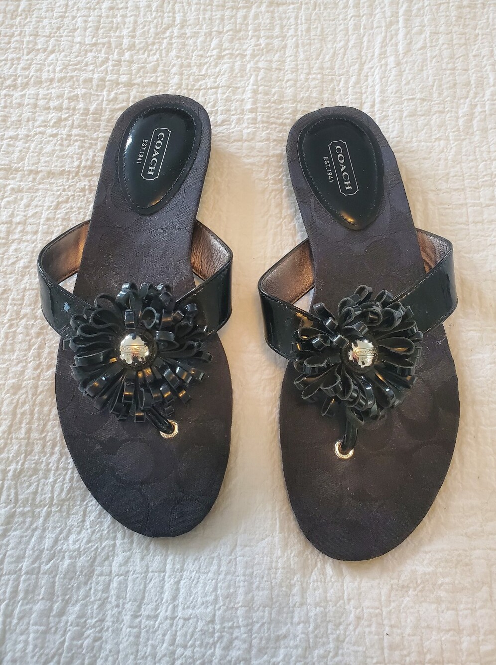 Coach Black Skye Floral Appliqué Thong Slide Sandals